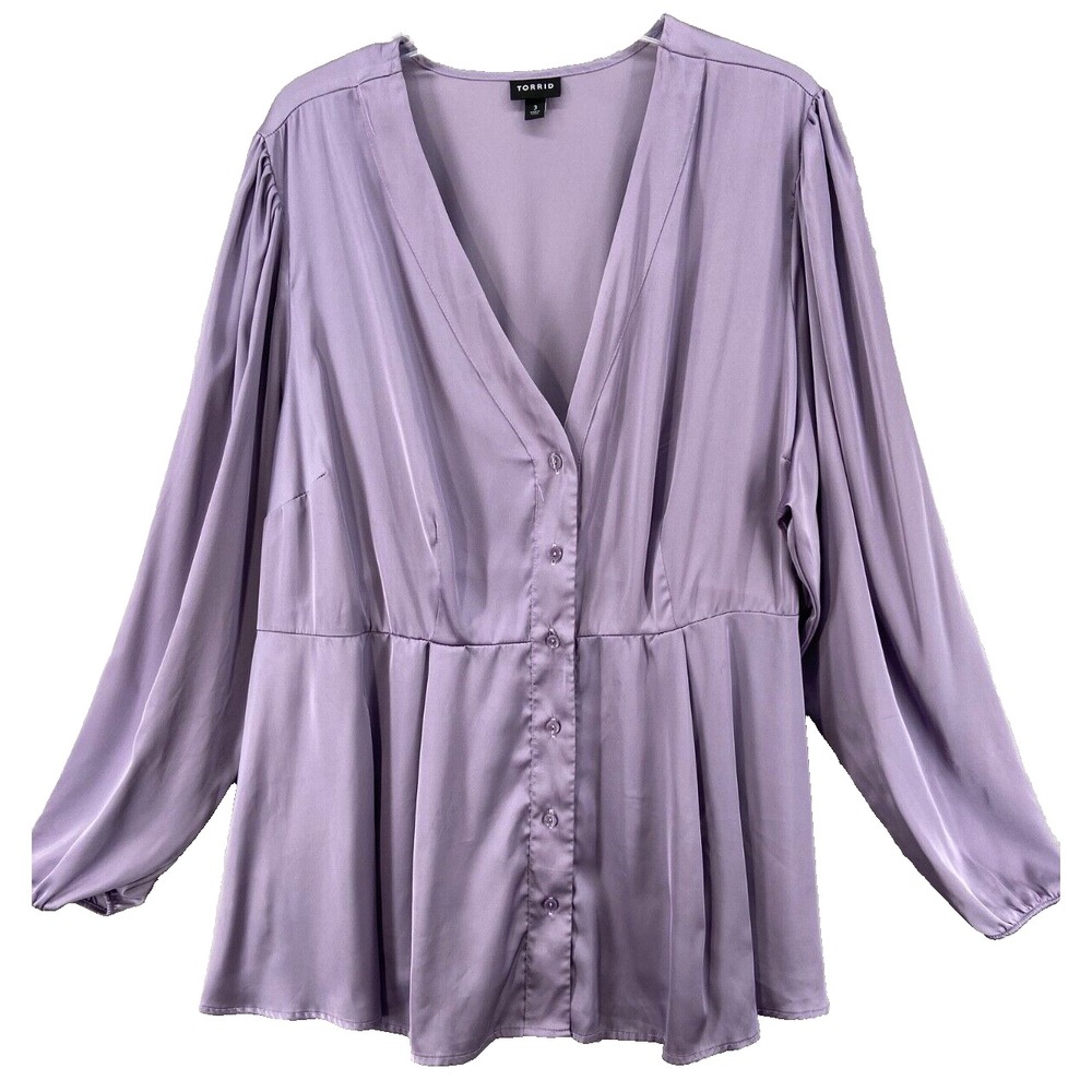 Torrid Shirt Womens Sz 3X Button Up Lilac Purple Satin Long Puff Sleeve V-Neck